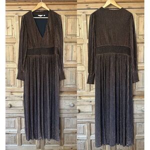 Boden 22 Regular Metallic Dress Maxi Black Gold Plus V-Neck Pleated‎ Long Sleeve